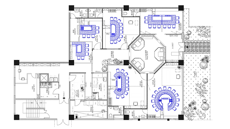 定制圆形+椭圆形+拱形+长方形，共6个包间，上海铁板烧餐厅CAD平面布局图